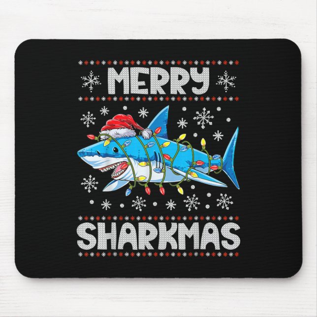 Merry Sharkmas Shark Santa Ugly Christmas Lights B Mousepad (Vorne)