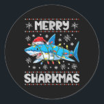 Merry Sharkmas Shark Santa Ugly Christmas Lights B Runder Aufkleber<br><div class="desc">Merry Sharkmas Shark Santa Ugly WeihnachtsLICHT Boys Xmas</div>