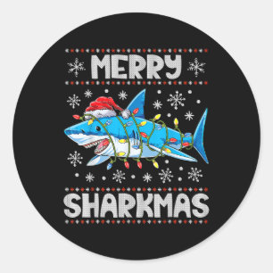 Merry Sharkmas Shark Santa Ugly Christmas Lights B Runder Aufkleber