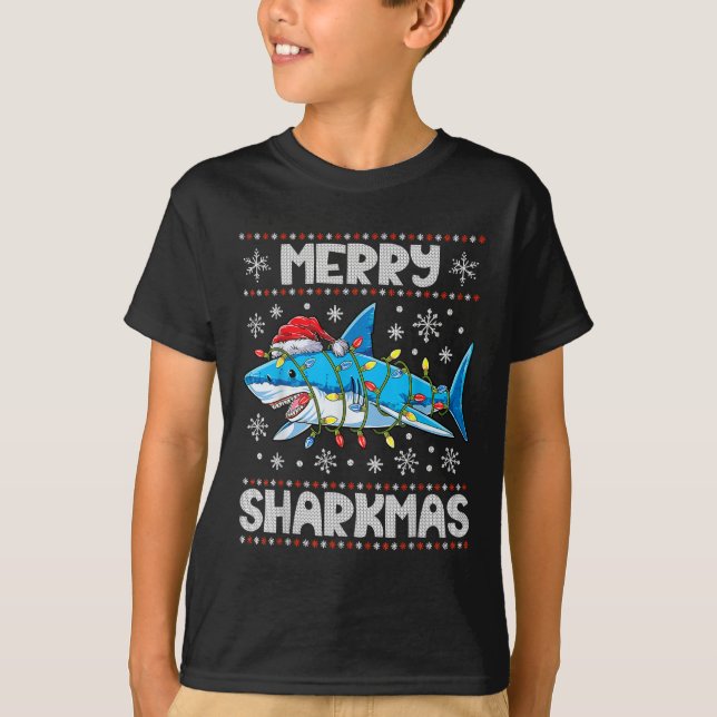 Merry Sharkmas Shark Santa Ugly Christmas Lights B T-Shirt (Vorderseite)