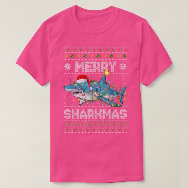 Merry Sharkmas Shark Santa Ugly Christmas Lights B T-Shirt (Design vorne)