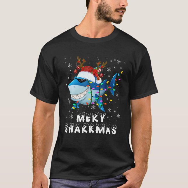 Merry Sharkmas Xmas Lights Santa Reindeer Shark Su T-Shirt (Vorderseite)