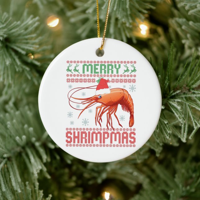 Merry Shrimpmas Funny Ugly Weihnachts Sweater Gesc Keramik Ornament (Baum)
