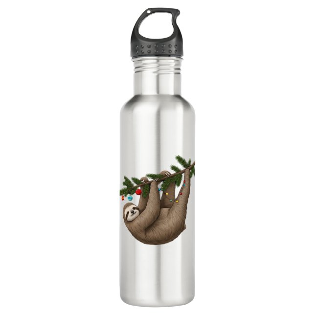 Merry Sloth on Christmas Tree Branch with Ornament Edelstahlflasche (Vorderseite)