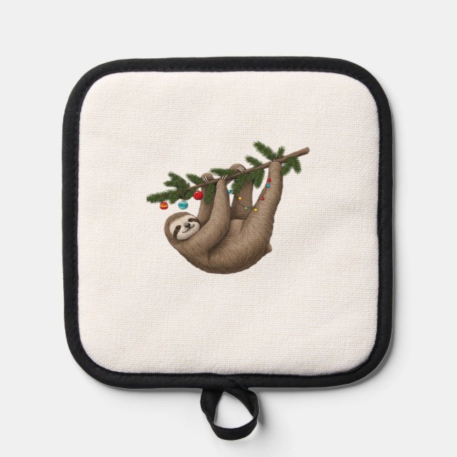 Merry Sloth on Christmas Tree Branch with Ornament Topflappen (Vorderseite)