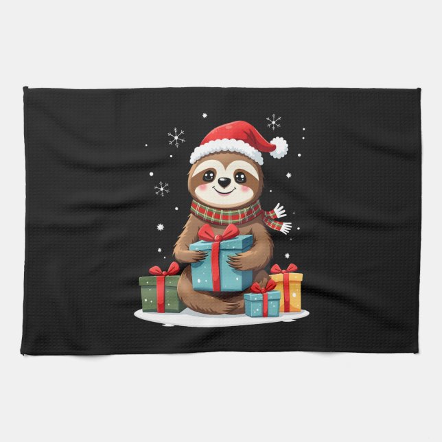 Merry Slothmas cute Christmas sloth Santa hat Xmas Geschirrtuch (Horizontal)
