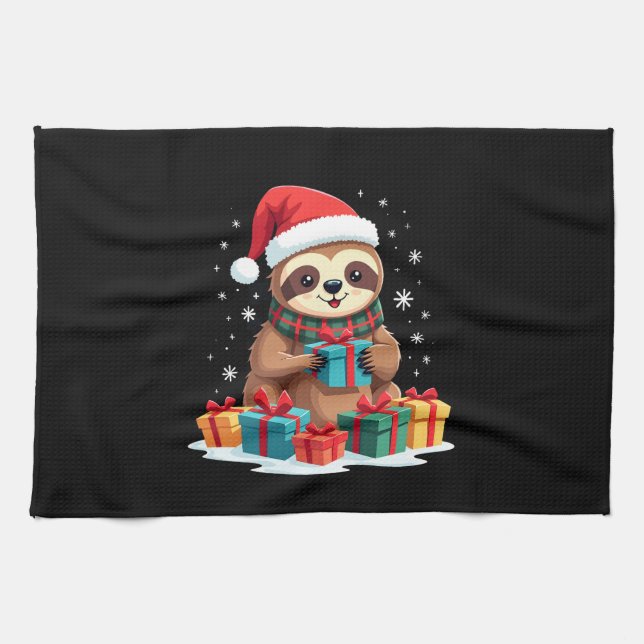 Merry Slothmas cute Christmas sloth Santa hat Xmas Geschirrtuch (Horizontal)