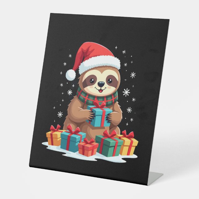 Merry Slothmas cute Christmas sloth Santa hat Xmas Sockelschild (Vorderseite)