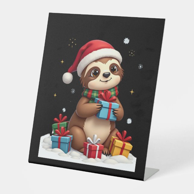 Merry Slothmas cute Christmas sloth Santa hat Xmas Sockelschild (Vorderseite)