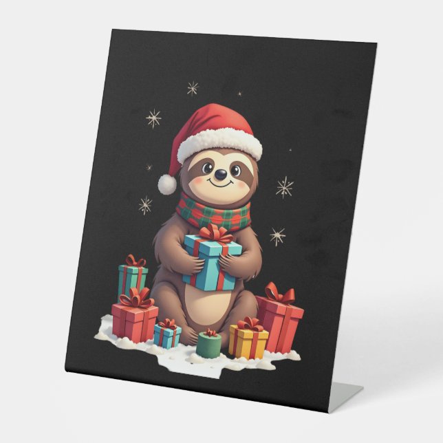 Merry Slothmas cute Christmas sloth Santa hat Xmas Sockelschild (Vorderseite)