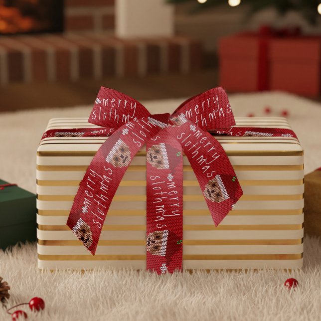 Merry Slothmas Santa Sloth Red Christmas Ribbon Satinband (Merry Slothmas Ribbon just for you)