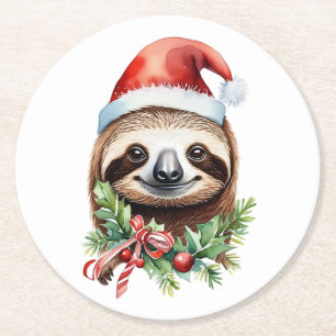Merry Slothmas Sloth in Weihnachtsmannmütze Red Bo Runder Pappuntersetzer