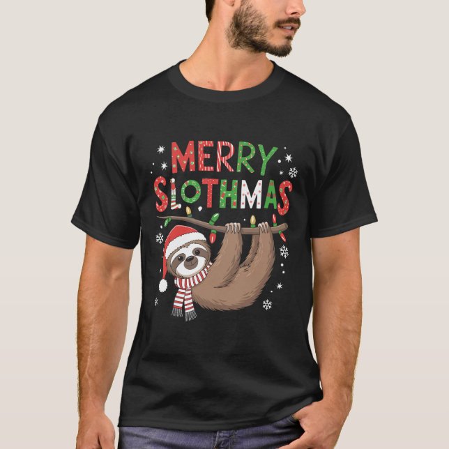 Merry Slothmas Weihnachtsmannmütze Pajamas Sloth L T-Shirt (Vorderseite)