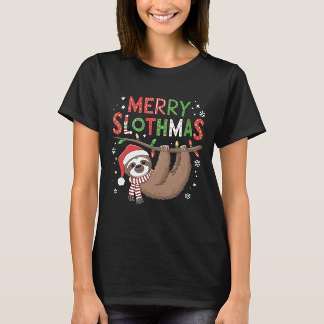Merry Slothmas Weihnachtsmannmütze Pajamas Sloth L T-Shirt (Vorderseite)