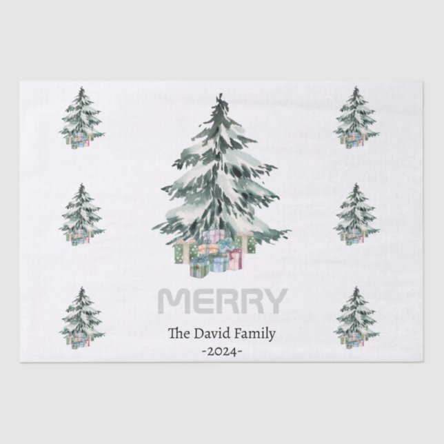Merry Snow Watercolor Pine Weihnachtsbaum Geschenk Seidenpapier (Vorderseite)