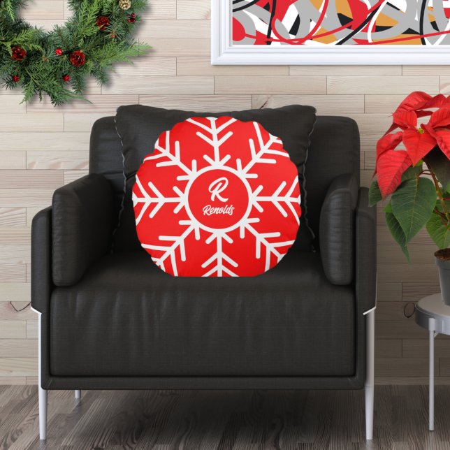 Merry Snowflake Red White Round Pillow Rundes Kissen (Von Creator hochgeladen)