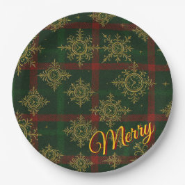 Merry Steampunk Snowflake Red und Green Tartan Pappteller