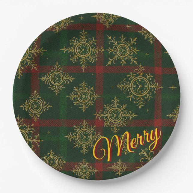 Merry Steampunk Snowflake Red und Green Tartan Pappteller (Vorderseite)