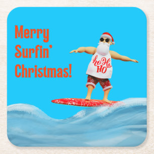 Merry Surfin Weihnachtsmann auf Surfboard Thread P Rechteckiger Pappuntersetzer
