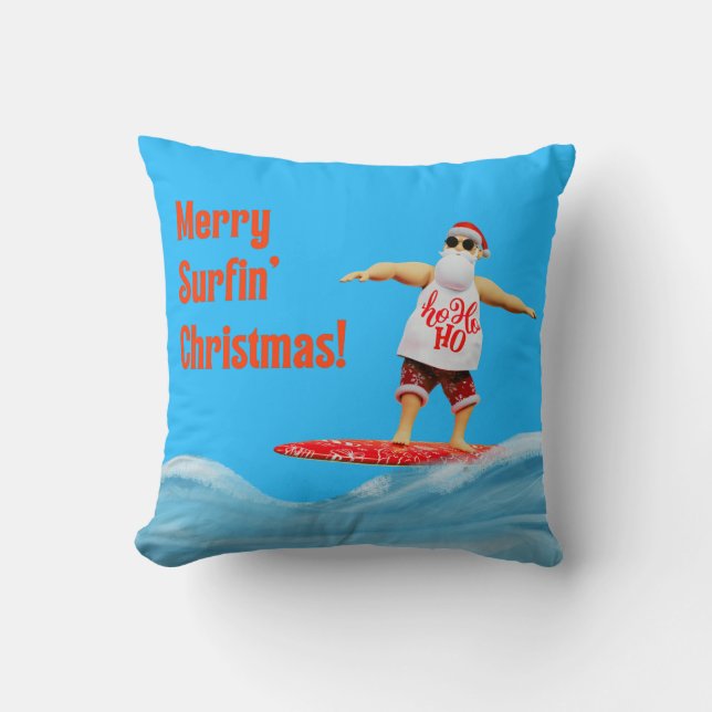 Merry Surfins Weihnachtsmann auf Surfboard Kissen (Vorderseite)