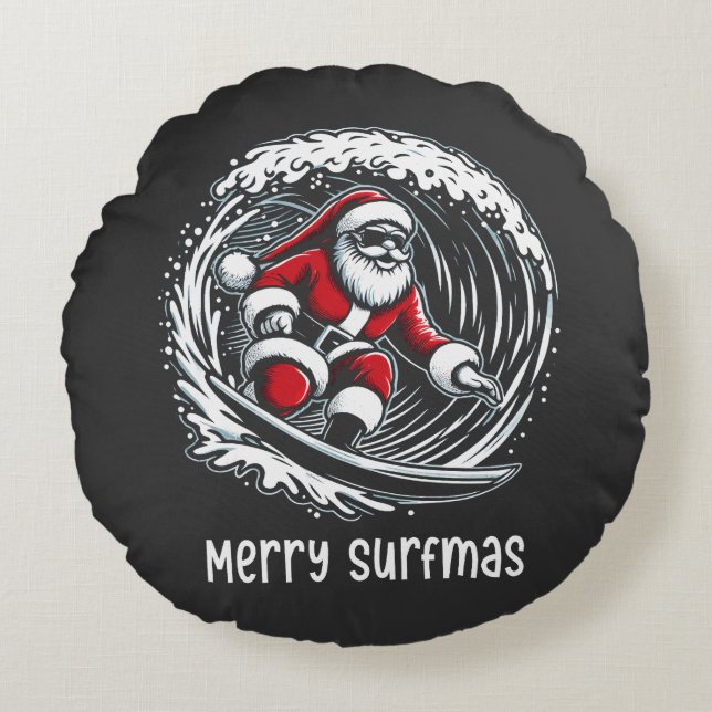 Merry Surfmas Rundes Kissen (Vorderseite)