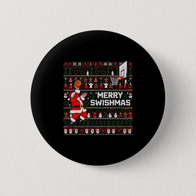 Merry Swishmas Santa Basketball Ugly Sweater Style Button (Vorderseite)