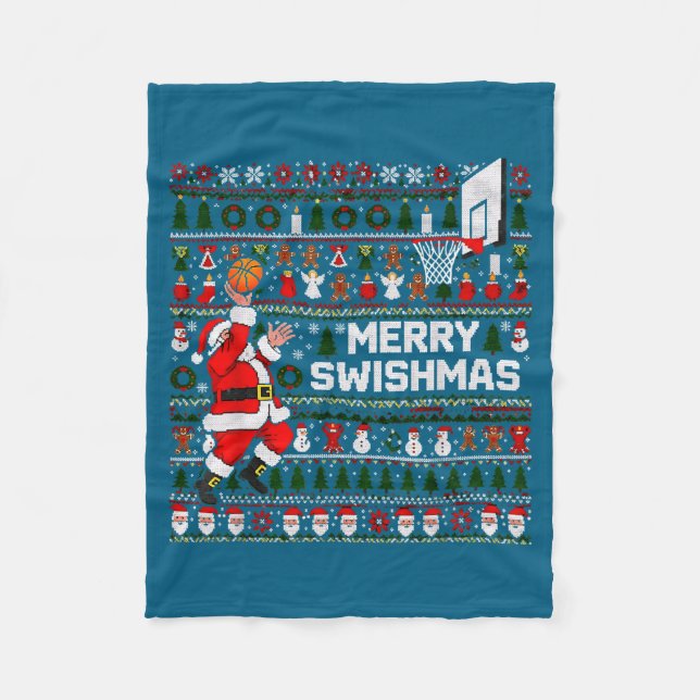 Merry Swishmas Santa Basketball Ugly Sweater Style Fleecedecke (Vorderseite)