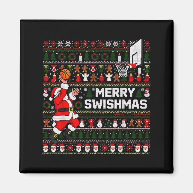 Merry Swishmas Santa Basketball Ugly Sweater Style Magnet (Vorne)
