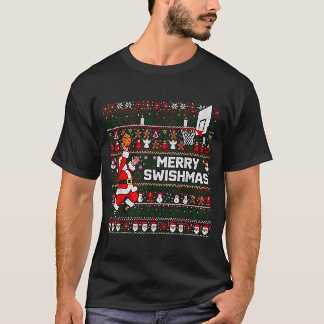 Merry Swishmas Santa Basketball Ugly Sweater Style T-Shirt (Vorderseite)