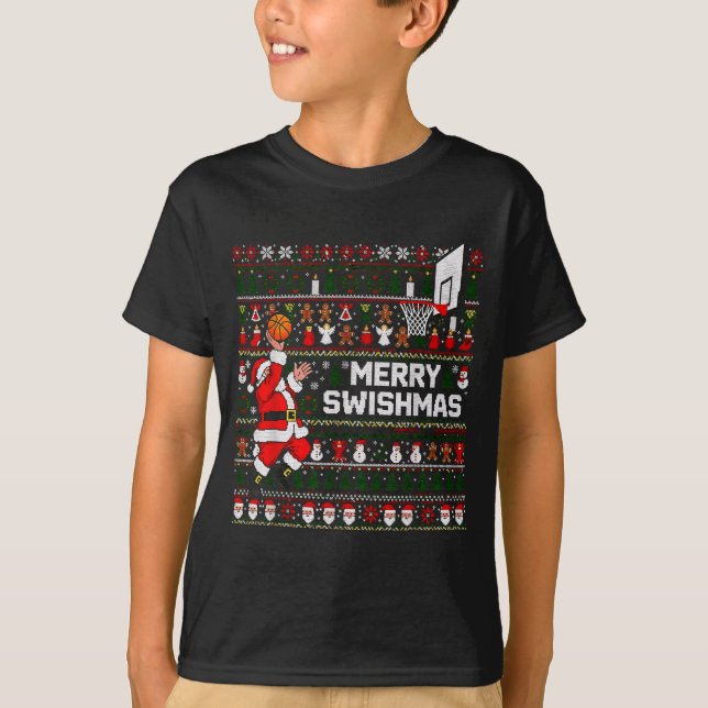 Merry Swishmas Santa Basketball Ugly Sweater Style T-Shirt (Vorderseite)