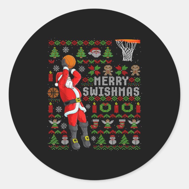 Merry Swishmas Ugly Christmas Basketball Christmas Runder Aufkleber (Vorderseite)