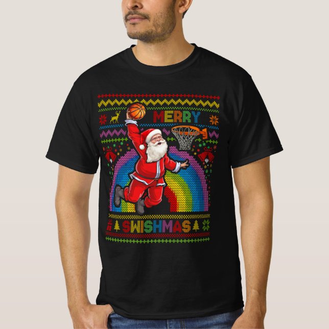 Merry Swishmas Ugly Christmas Basketball Santa Dun T-Shirt (Vorderseite)