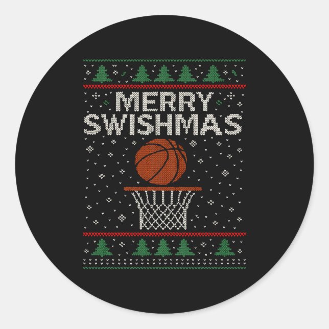 Merry Swishmas Ugly Christmas Sweater Basketball J Runder Aufkleber (Vorderseite)