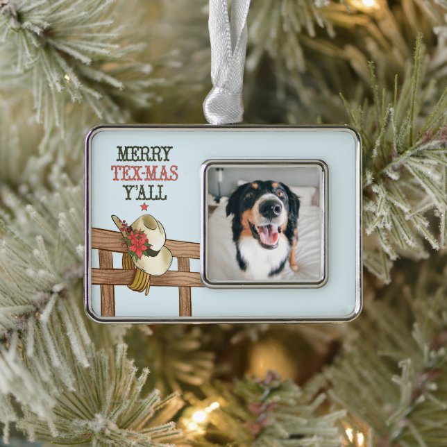 Merry Tex-Mas Y'all Cowboy Hat mit Blume Rahmen-Ornament Silber (Baum)