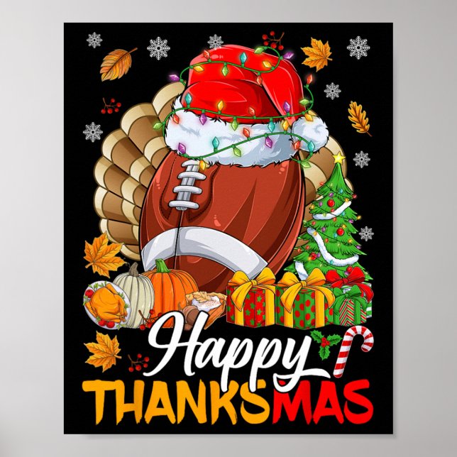 Merry Thanksmas Football Weihnachtsmannmütze Ernte Poster (Vorne)