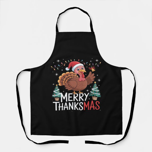 Merry Thanksmas Happy Thanksgiving Santa Turkey Es Schürze (Vorderseite)
