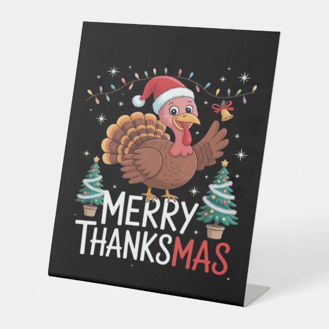 Merry Thanksmas Happy Thanksgiving Santa Turkey Es Sockelschild (Vorderseite)