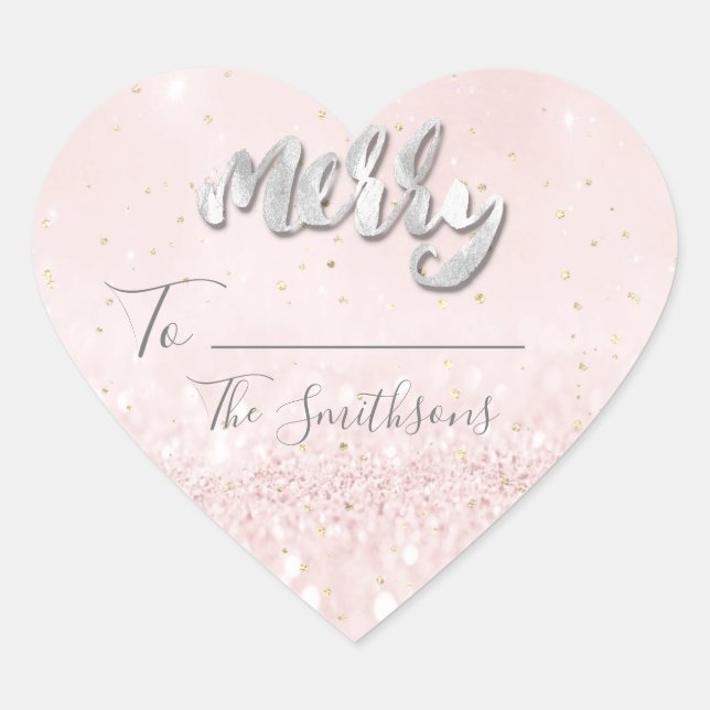 Merry to..from name Confetti Pink Herz Gold Herz-Aufkleber (Vorderseite)