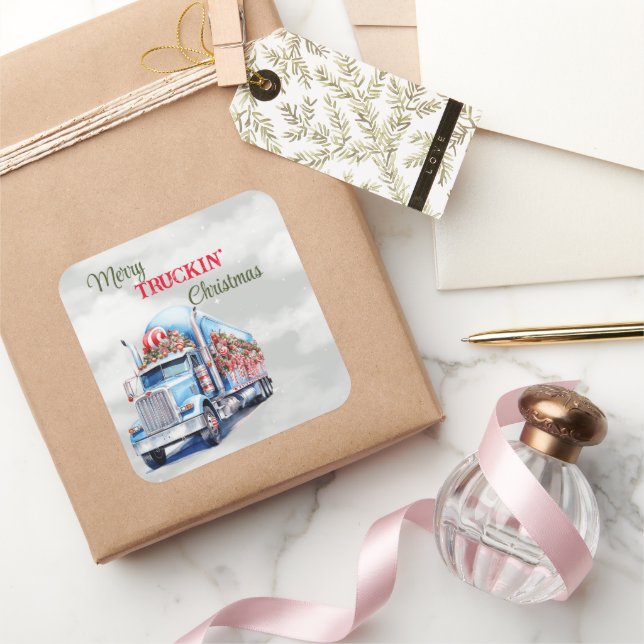 Merry Truckin Weihnachten Quadratischer Aufkleber (Schenken)