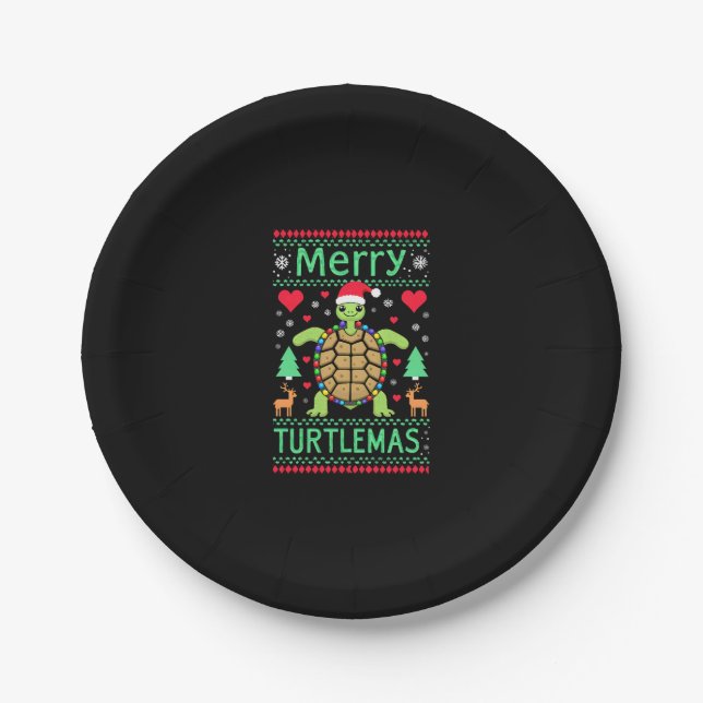 Merry Turtlemas Christmas Lights Cute Turtle Santa Pappteller (Vorderseite)