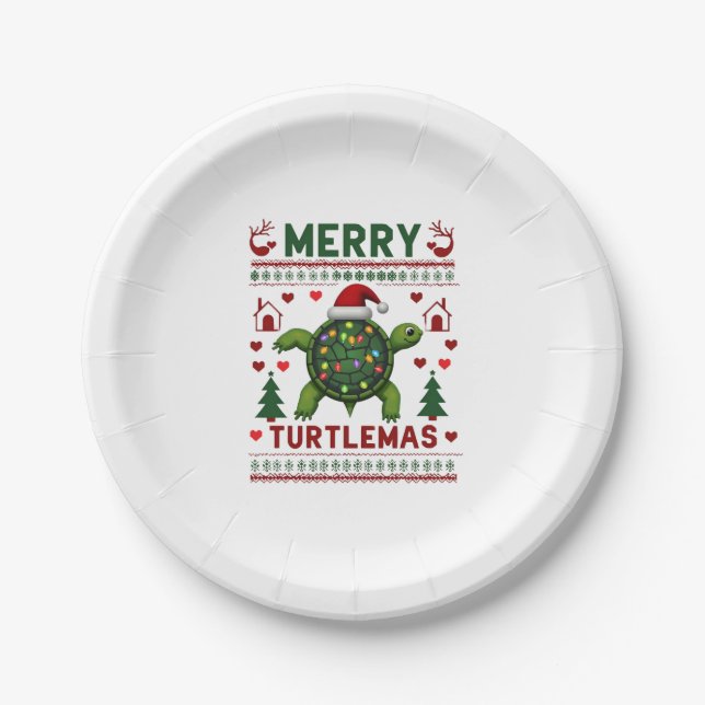 Merry Turtlemas Christmas Lights Cute Turtle Santa Pappteller (Vorderseite)