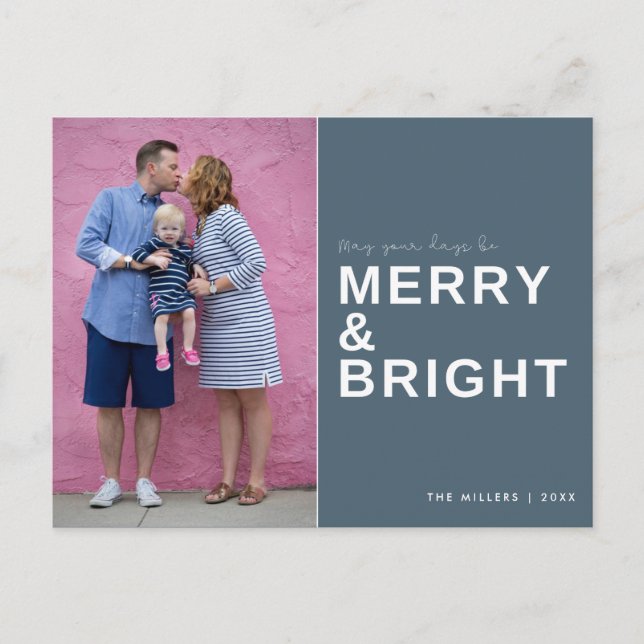 Merry und Bright Blue Foto Holiday Postkarte (Vorderseite)
