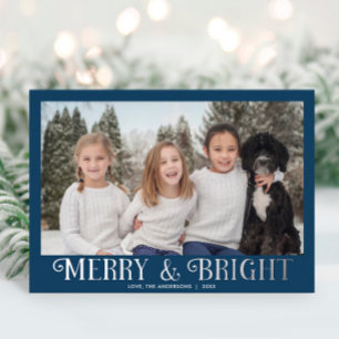 Merry und Bright Blue silber modern ein Foto Folien Feiertagskarte