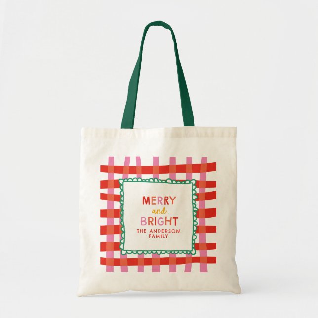 Merry und Bright Colorful Gingham individuelle Nam Tragetasche (Vorne)