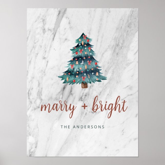 Merry und Bright Marble Weihnachtsbaum und Skript Poster (Vorne)