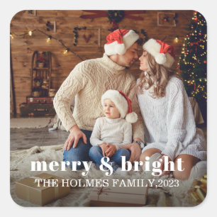 Merry und Bright Modernes Weihnachtsfamilien-Fot Quadratischer Aufkleber