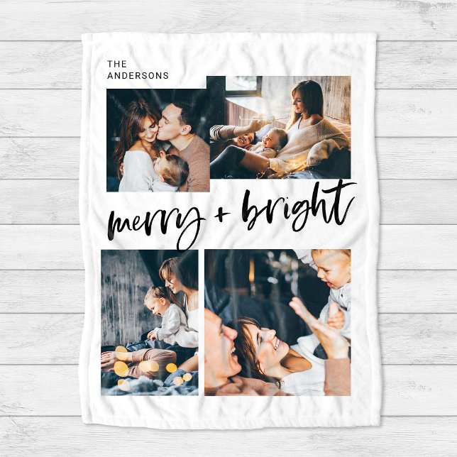 Merry und Bright | Multi Foto Grid Christmas Fleecedecke (A modern, black and white holiday blanket with trendy casual script and four family phtoos)