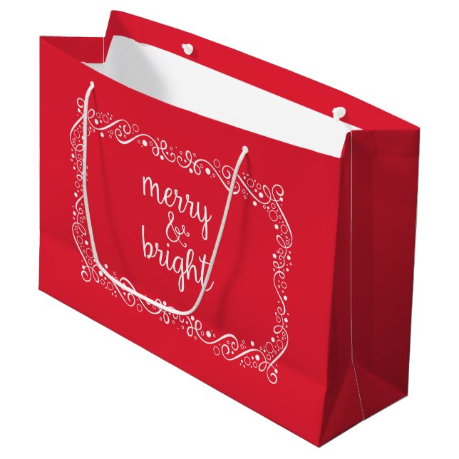 Merry und Bright Red Swirl Ribbon Geschenktasche Große Geschenktüte (Vorderseite Schrägansicht)