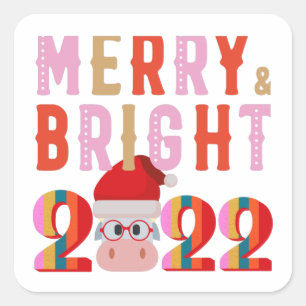 MERRY UND BRIGHT SANTA GLÜCKLICH NEUES JAHR 2022 QUADRATISCHER AUFKLEBER