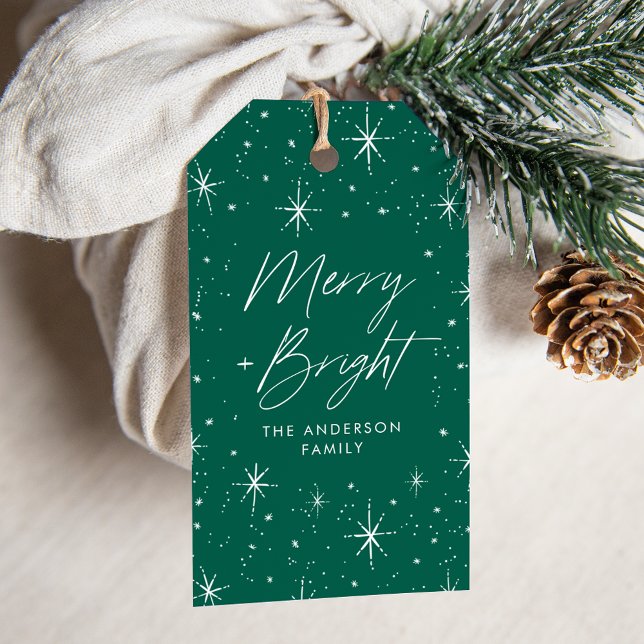 Merry und Bright Script Green Holiday Geschenkanhänger (Von Creator hochgeladen)